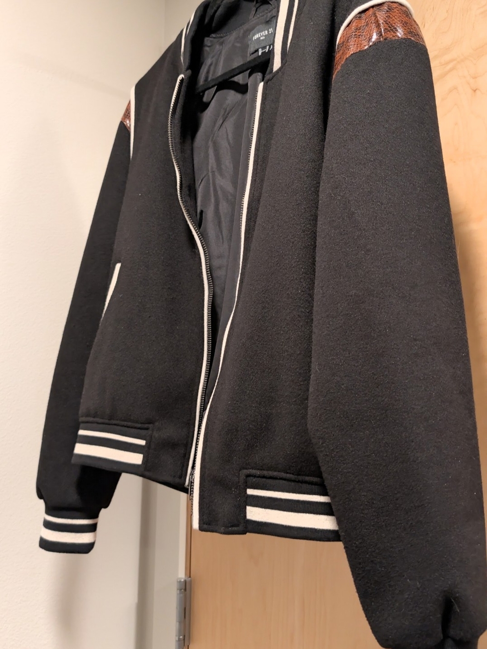 Forever 21 Black Bomber Jacket with White Trim and Brown Accent